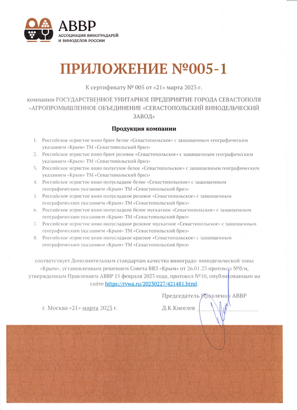 Приложение № 005-1 к Сертификату качества № 005