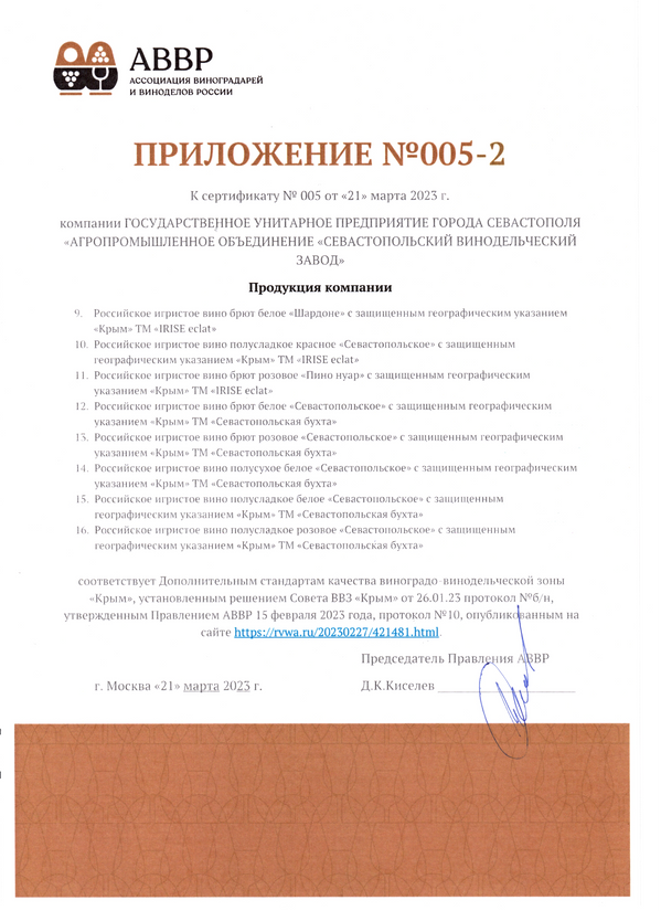 Приложение № 005-2 к Сертификату качества № 005