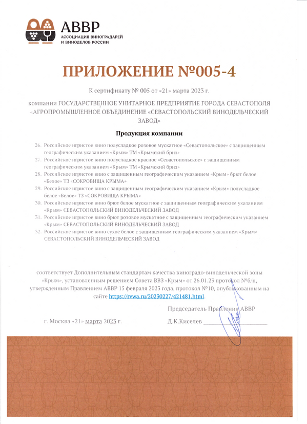 Приложение № 005-4 к Сертификату качества № 005