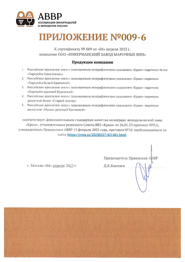 Приложение № 009-6 к Сертификату качества № 009