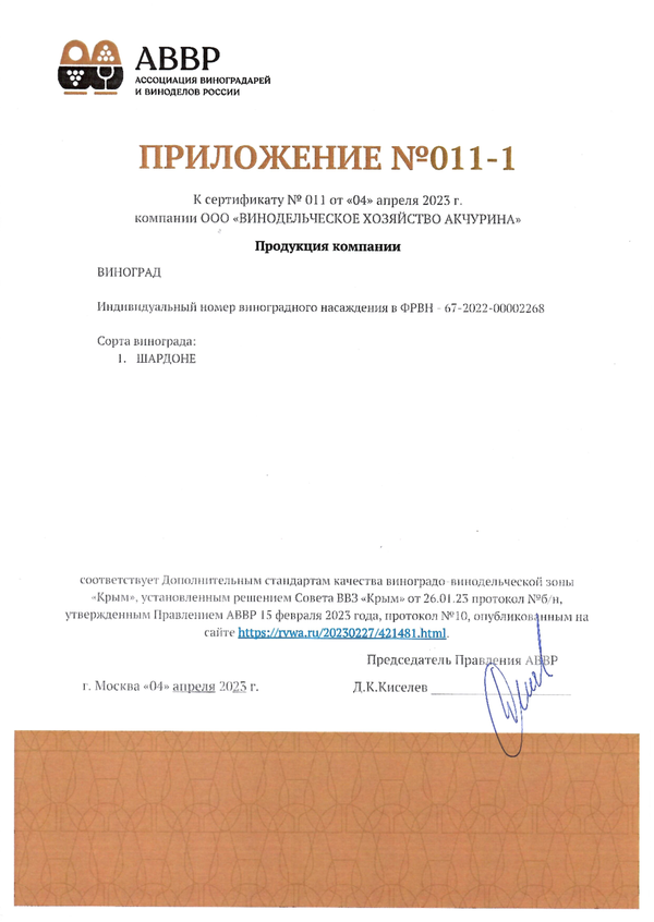 Приложение № 011-1 к Сертификату качества № 011