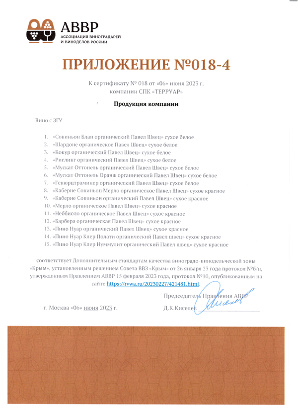 Приложение № 018-4 к Сертификату качества № 018 (СПК ТЕРРУАР)