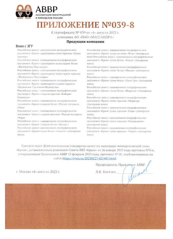 Приложение № 039-8 к Сертификату качества № 039 (АО ПАО Массандра)