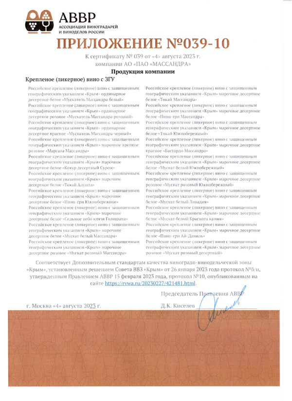 Приложение № 039-10 к Сертификату качества № 039 (АО ПАО Массандра)