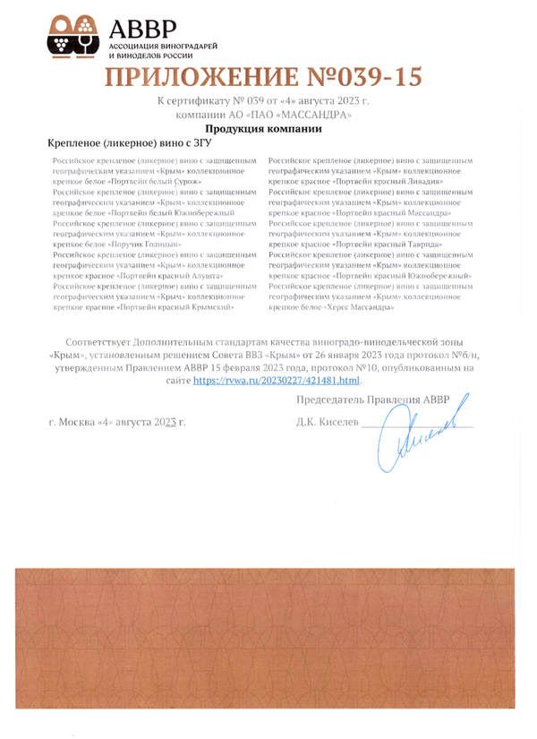 Приложение № 039-15 к Сертификату качества № 039 (АО ПАО Массандра)