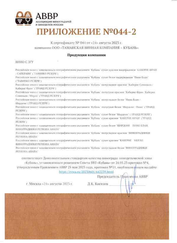 Приложение № 044-2 к Сертификату качества № 044 (ООО ТАМАНСКАЯ ВИННАЯ КОМПАНИЯ - КУБАНЬ)
