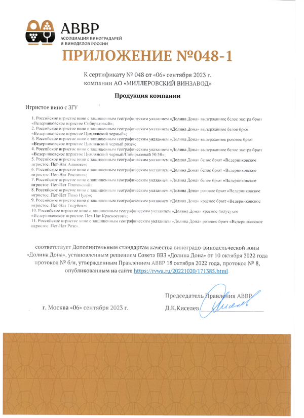 Приложение № 048-1 к Сертификату качества № 048 (АО МИЛЛЕРОВСКИЙ ВИНЗАВОД)