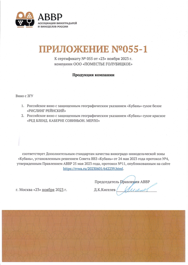 Приложение № 055-1 к Сертификату качества № 055 (ООО ПОМЕСТЬЕ ГОЛУБИЦКОЕ)