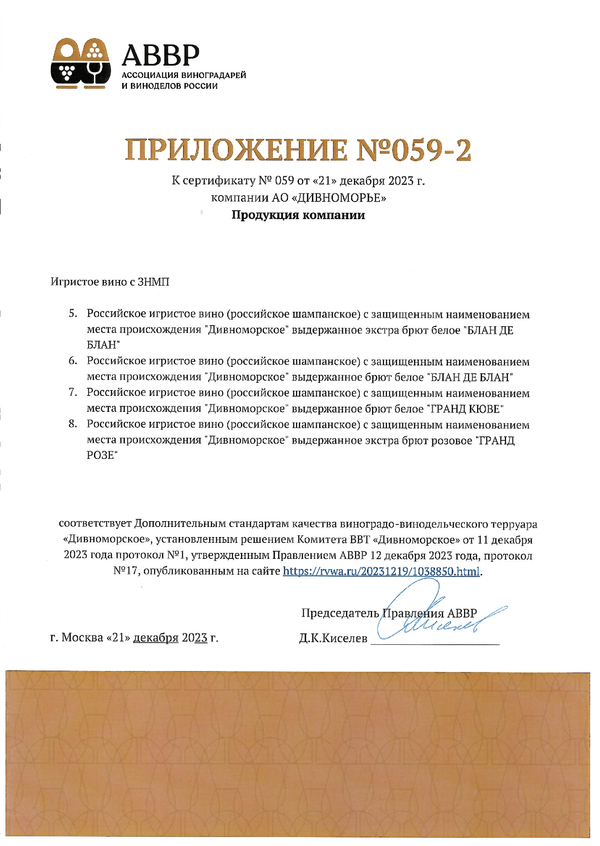 Приложение № 059-2 к Сертификату качества № 059 (АО ДИВНОМОРЬЕ)