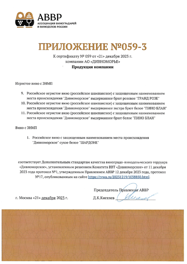Приложение № 059-3 к Сертификату качества № 059 (АО ДИВНОМОРЬЕ)