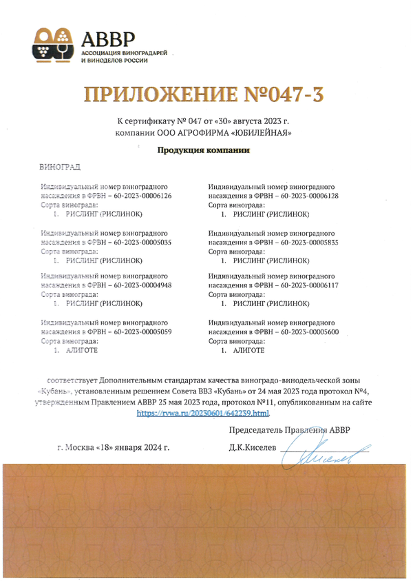 Приложение № 047-3 к Сертификату качества № 047 (ООО АФ ЮБИЛЕЙНАЯ)