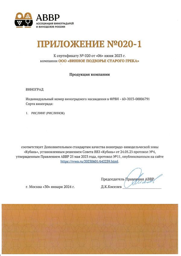 Приложение № 020-1 к сертификату качества № 020 (ООО ВИННОЕ ПОДВОРЬЕ СТАРОГО ГРЕКА)