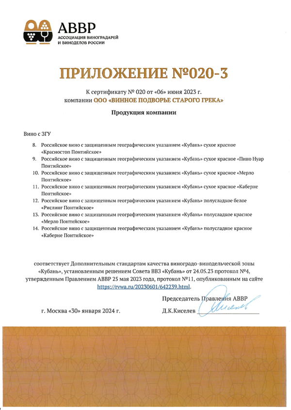 Приложение № 020-3 к сертификату качества № 020 (ООО ВИННОЕ ПОДВОРЬЕ СТАРОГО ГРЕКА)