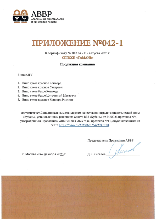 Приложение № 042-1 к Сертификату качества № 042 (СППССК ТАМАНЬ)