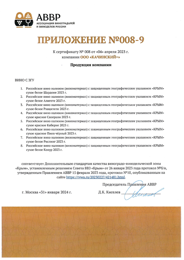 Приложение № 008-9 к Сертификату качества № 008 (ООО КАЧИНСКИЙ+)