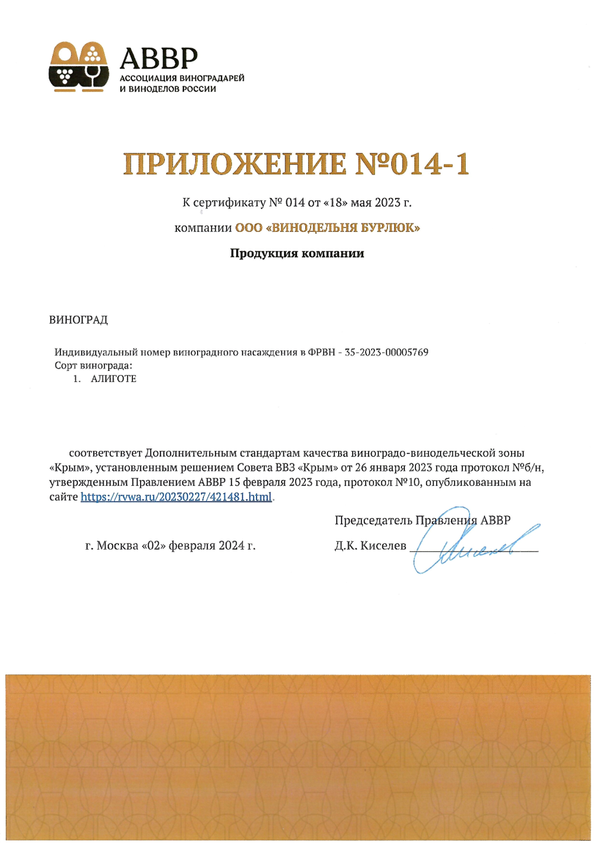 Приложение № 014-1 к Сертификату качества № 014 (ООО ВИНОДЕЛЬНЯ БУРЛЮК)