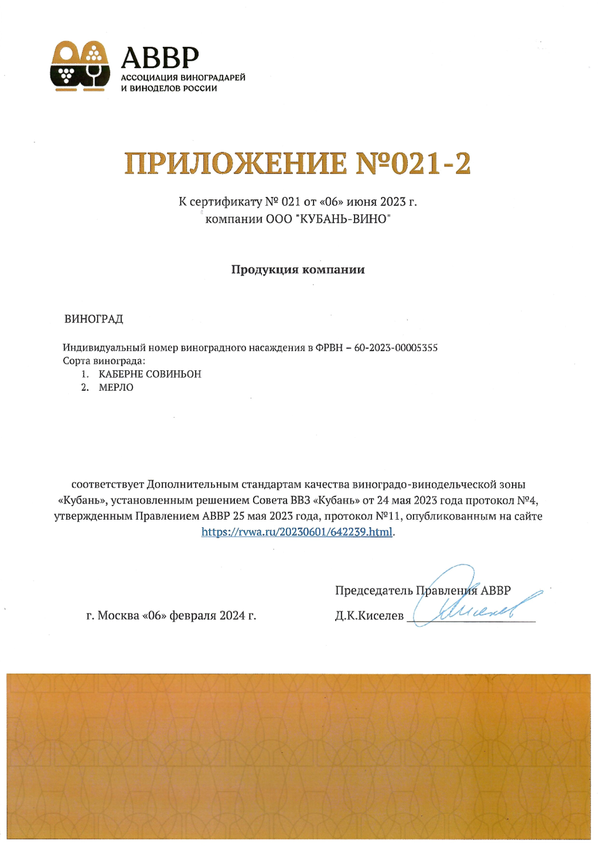 Приложение № 021-2 к Сертификату качества № 021 (ООО КУБАНЬ-ВИНО)