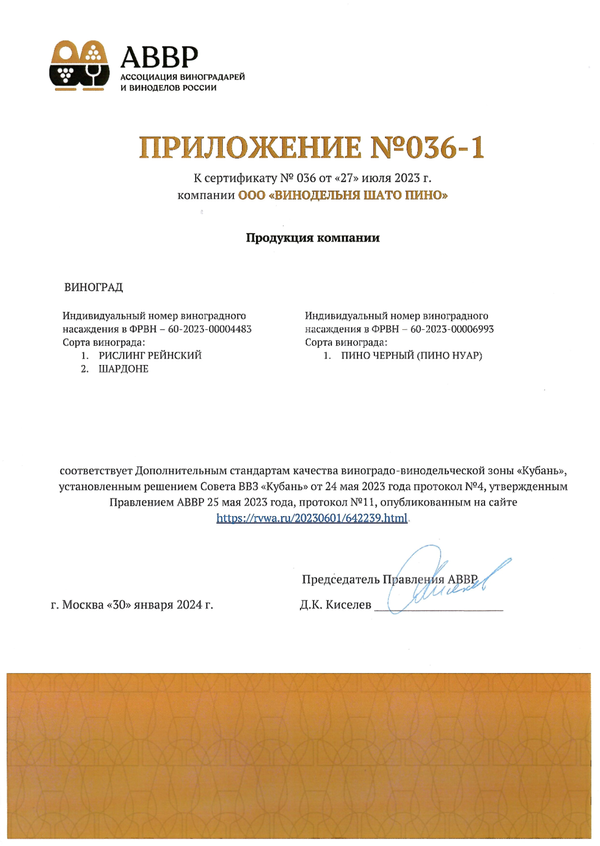 Приложение № 036-1 к Сертификату качества № 036 (ООО ВИНОДЕЛЬНЯ ШАТО ПИНО)