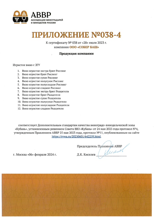 Приложение № 038-4 к Сертификату качества № 038 (ООО СОБЕР БАШ)