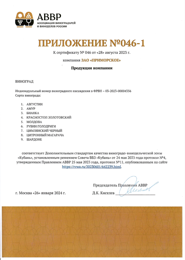 Приложение № 046-1 к Сертификату качества № 046 (ЗАО ПРИМОРСКОЕ)