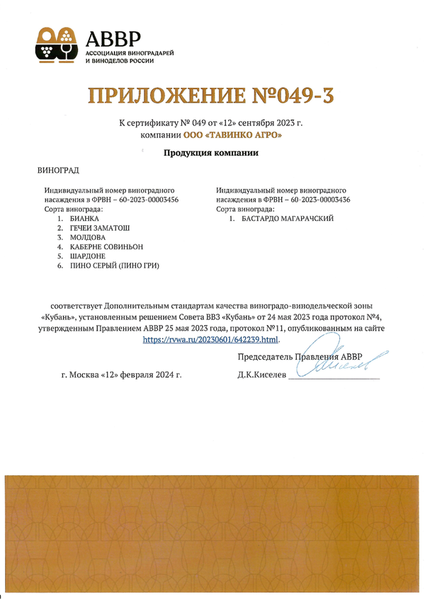 Приложение № 049-3 к Сертификату качества № 049 (ООО ТАВИНКО АГРО)
