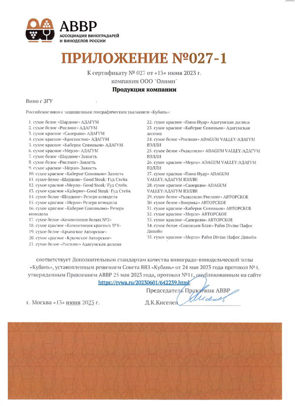 Приложение № 027-1 к Сертификату качества № 027 (ООО ОЛИМП)