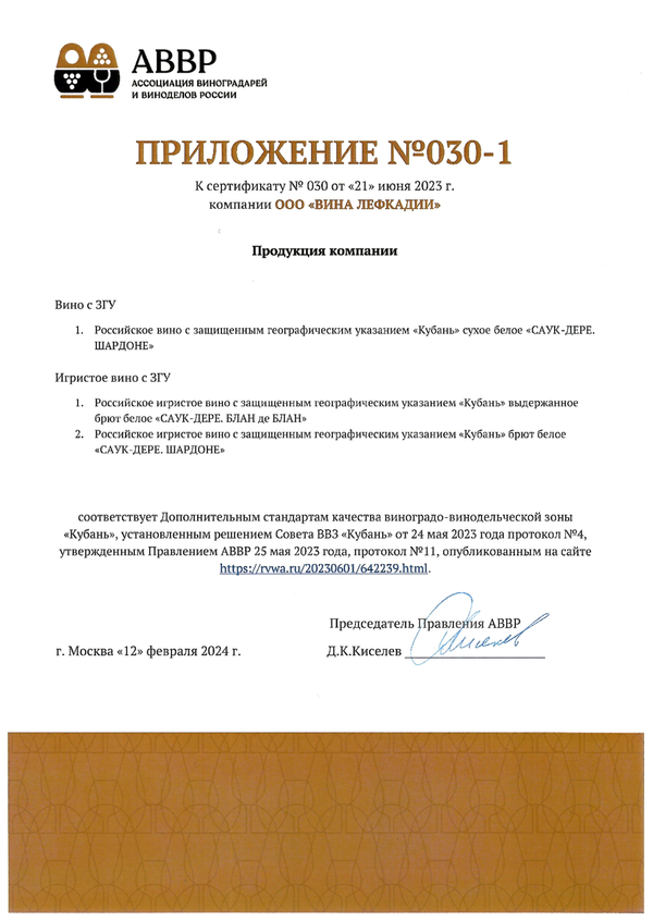 Приложение № 030-1 к Сертификату качества № 030 (ООО ВИНА ЛЕФКАДИИ)