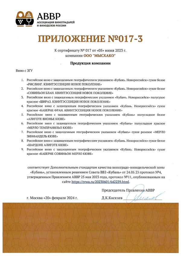 Приложение № 017-3 к Сертификату качества № 017 (ООО МЫСХАКО)