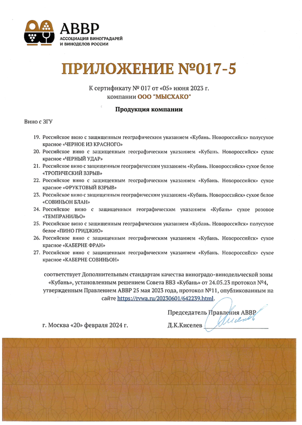 Приложение № 017-5 к Сертификату качества № 017 (ООО МЫСХАКО)