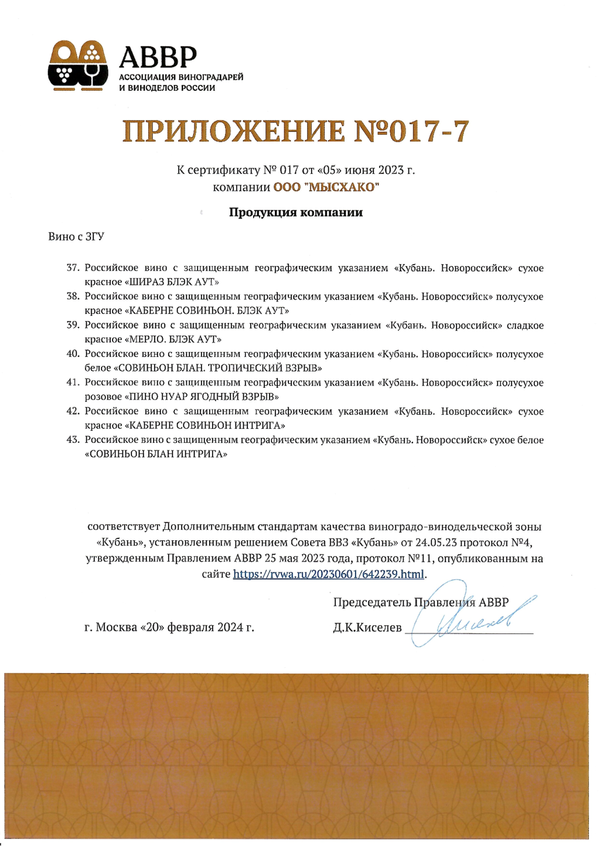 Приложение № 017-7 к Сертификату качества № 017 (ООО МЫСХАКО)