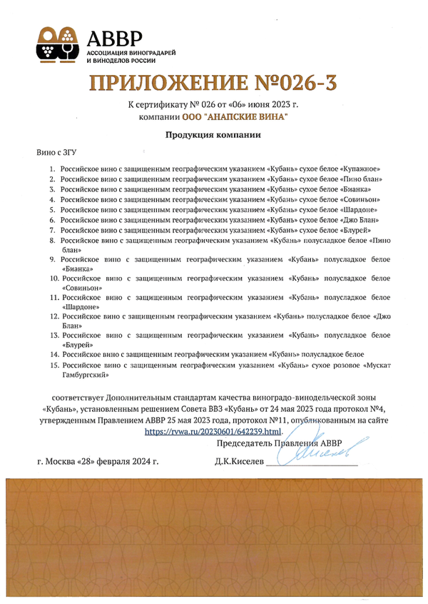 Приложение № 026-3 к Сертификату качества № 026 (ООО АНАПСКИЕ ВИНА)