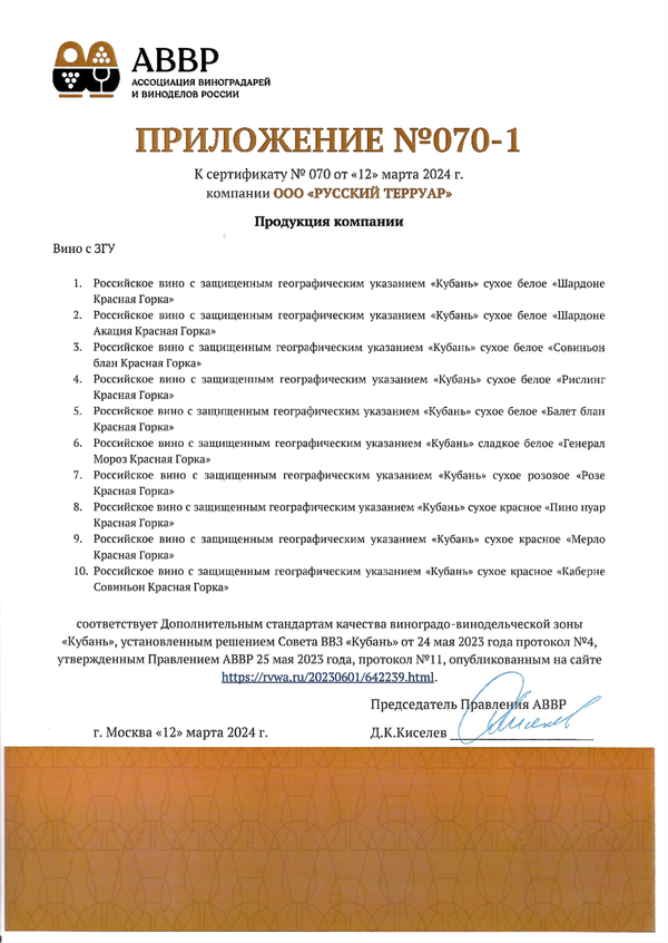 Приложение № 070-1 к Сертификату качества № 070 (ООО РУССКИЙ ТЕРРУАР)