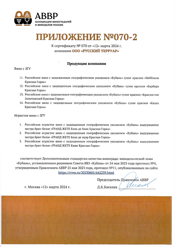 Приложение № 070-2 к Сертификату качества № 070 (ООО РУССКИЙ ТЕРРУАР)