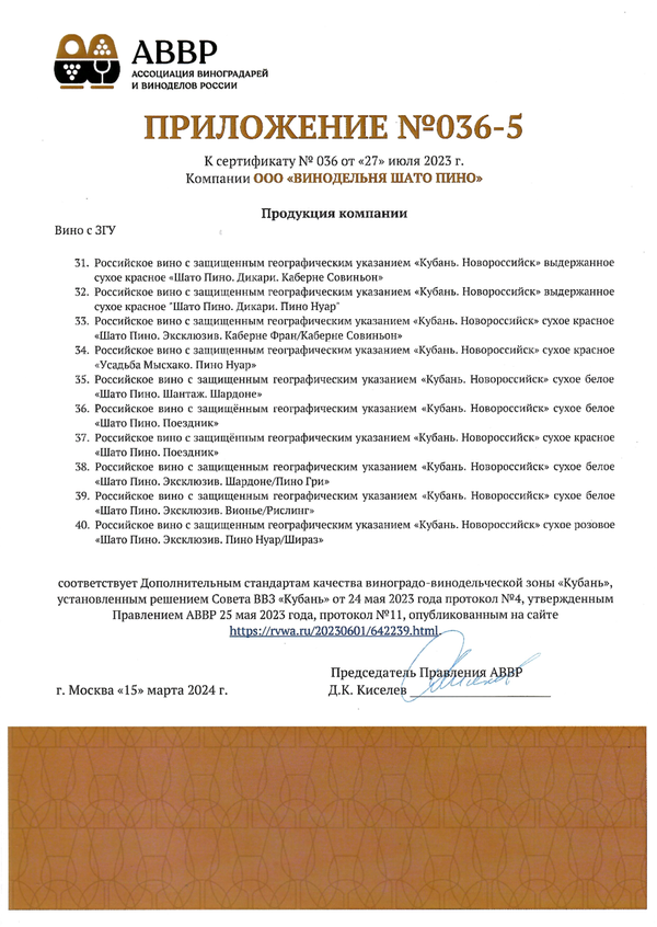 Приложение № 036-5 к Сертификату качества № 036 (ООО ВИНОДЕЛЬНЯ ШАТО ПИНО)