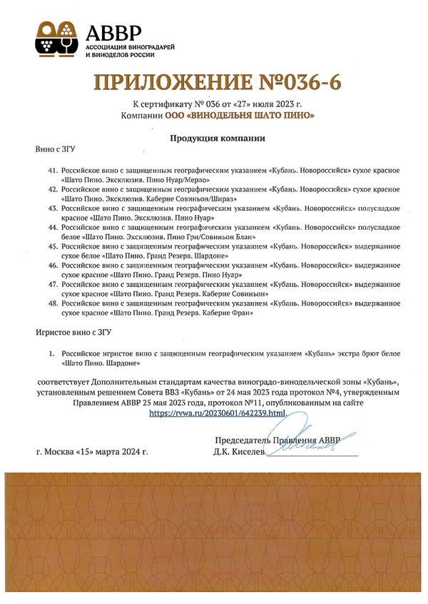 Приложение № 036-6 к Сертификату качества № 036 (ООО ВИНОДЕЛЬНЯ ШАТО ПИНО)