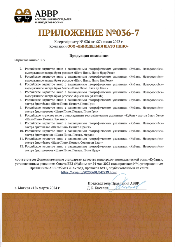 Приложение № 036-7 к Сертификату качества № 036 (ООО ВИНОДЕЛЬНЯ ШАТО ПИНО)