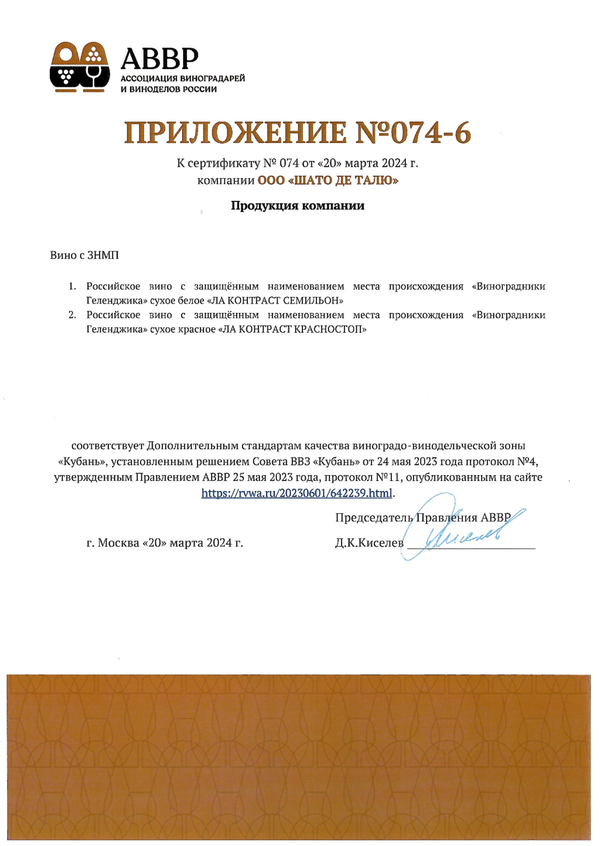 Приложение № 074-6 к Сертификату качества № 074 (ООО ШАТО ДЕ ТАЛЮ)