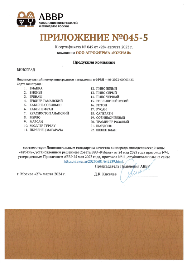 Приложение № 045-5 к Сертификату качества № 045 (ООО АГРОФИРМА ЮЖНАЯ)