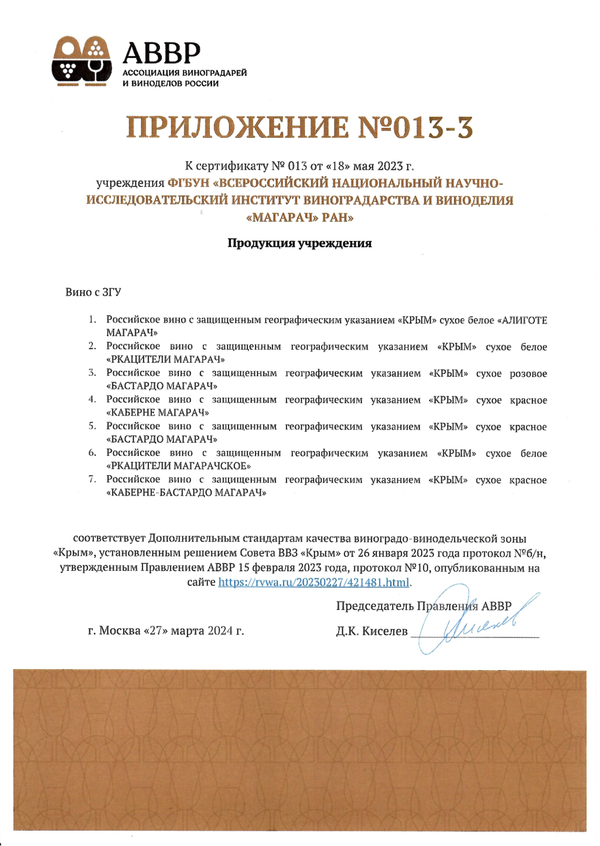 Приложение № 013-3 к Сертификату качества № 013 (ФГБУН ВННИИВиВ Магарач РАН)