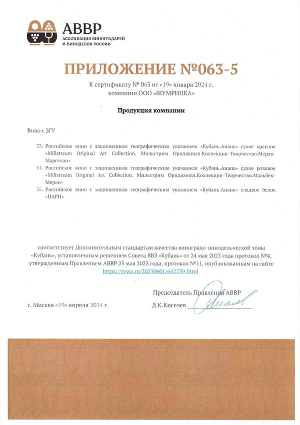 Приложение № 063-5 к Сертификату качества № 063 (ООО ШУМРИНКА)