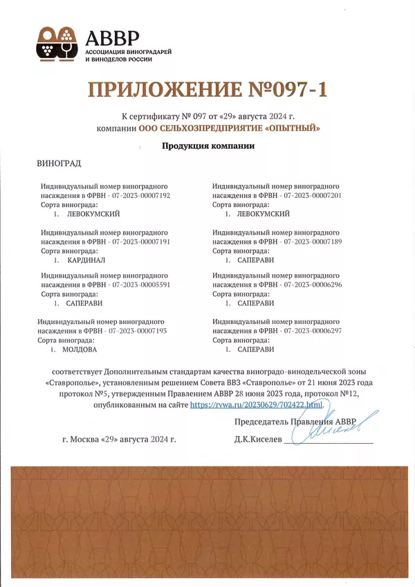 Приложение к Сертификату качества № 097 (ООО СЕЛЬХОЗПРЕДПРИЯТИЕ ОПЫТНЫЙ) Приложение к Сертификату качества № 097 (ООО СЕЛЬХОЗПРЕДПРИЯТИЕ ОПЫТНЫЙ)