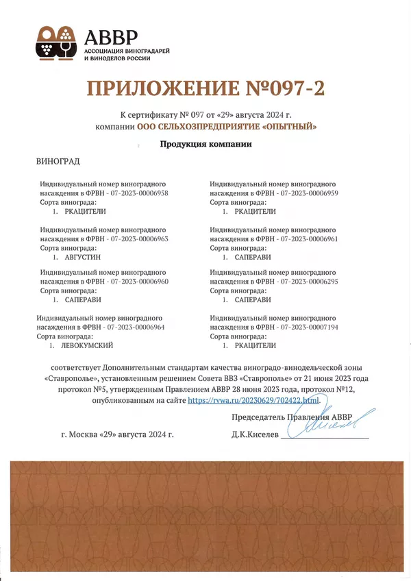 Приложение к Сертификату качества № 097 (ООО СЕЛЬХОЗПРЕДПРИЯТИЕ ОПЫТНЫЙ) Приложение к Сертификату качества № 097 (ООО СЕЛЬХОЗПРЕДПРИЯТИЕ ОПЫТНЫЙ)