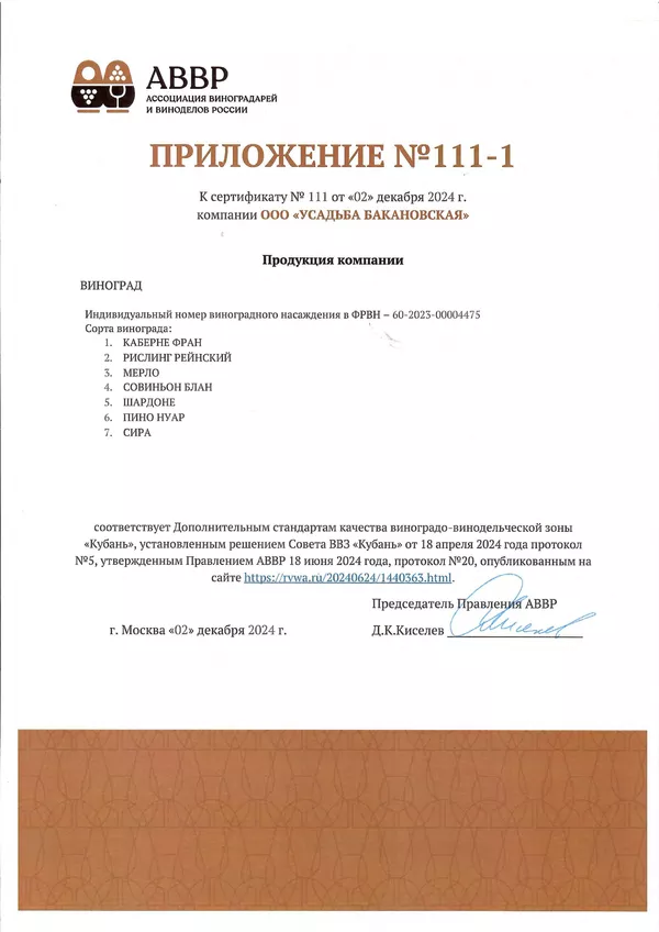 Приложение к Сертификату качества № 111 (ООО УСАДЬБА БАКАНОВСКАЯ) Приложение к Сертификату качества № 111 (ООО УСАДЬБА БАКАНОВСКАЯ)