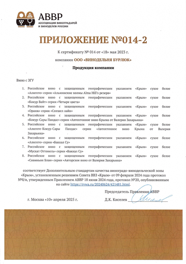 Приложение к Сертификату качества № 014 (ООО ВИНОДЕЛЬНЯ БУРЛЮК) Приложение к Сертификату качества № 014 (ООО ВИНОДЕЛЬНЯ БУРЛЮК)