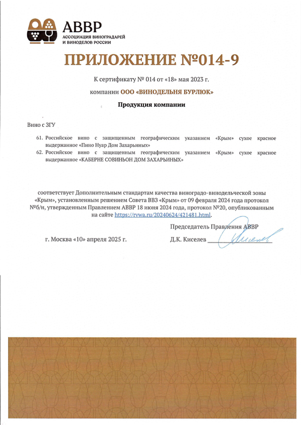 Приложение к Сертификату качества № 014 (ООО ВИНОДЕЛЬНЯ БУРЛЮК) Приложение к Сертификату качества № 014 (ООО ВИНОДЕЛЬНЯ БУРЛЮК)