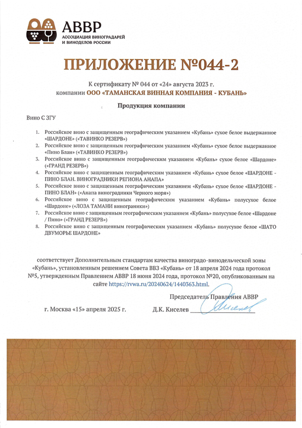 Приложение к Сертификату качества № 044 (ООО ТАМАНСКАЯ ВИННАЯ КОМПАНИЯ - КУБАНЬ) Приложение к Сертификату качества № 044 (ООО ТАМАНСКАЯ ВИННАЯ КОМПАНИЯ - КУБАНЬ)