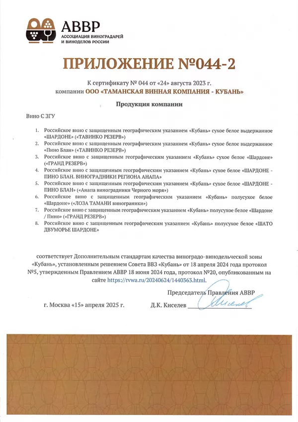 Приложение к Сертификату качества № 044 (ООО ТАМАНСКАЯ ВИННАЯ КОМПАНИЯ - КУБАНЬ) Приложение к Сертификату качества № 044 (ООО ТАМАНСКАЯ ВИННАЯ КОМПАНИЯ - КУБАНЬ)