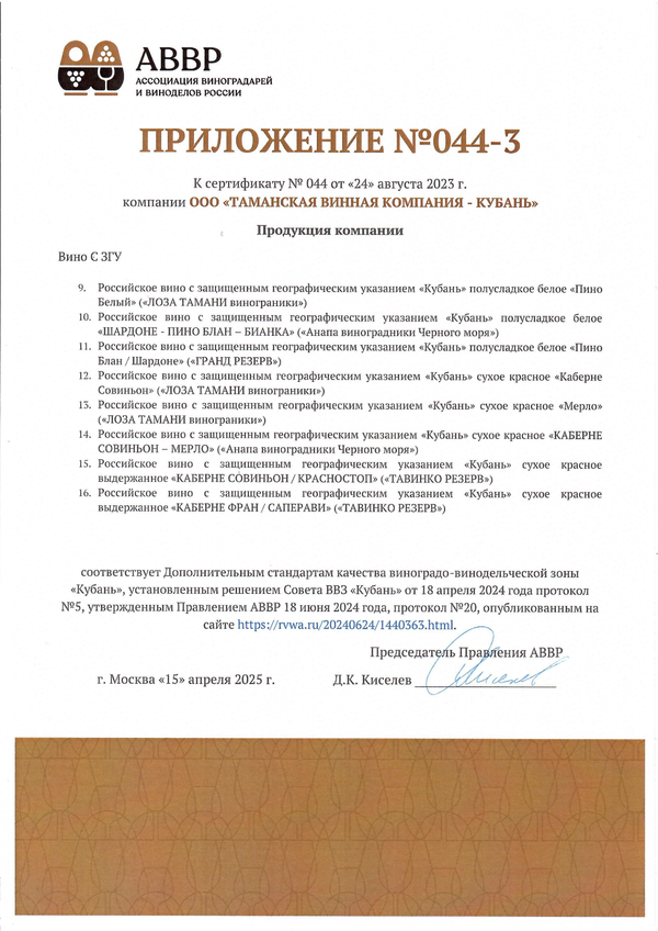 Приложение к Сертификату качества № 044 (ООО ТАМАНСКАЯ ВИННАЯ КОМПАНИЯ - КУБАНЬ) Приложение к Сертификату качества № 044 (ООО ТАМАНСКАЯ ВИННАЯ КОМПАНИЯ - КУБАНЬ)