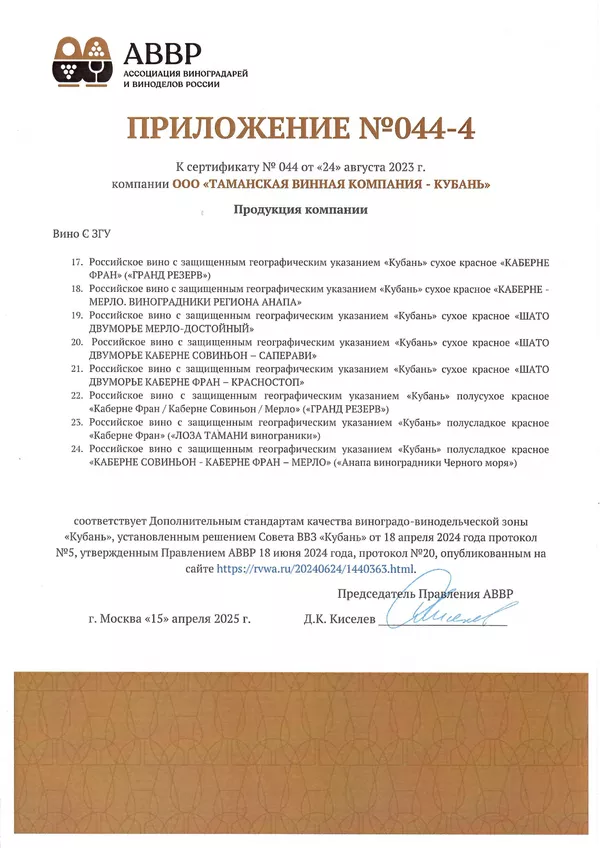 Приложение к Сертификату качества № 044 (ООО ТАМАНСКАЯ ВИННАЯ КОМПАНИЯ - КУБАНЬ) Приложение к Сертификату качества № 044 (ООО ТАМАНСКАЯ ВИННАЯ КОМПАНИЯ - КУБАНЬ)