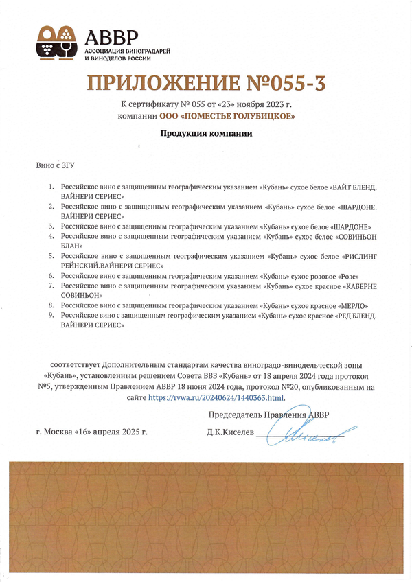 Приложение к Сертификату качества № 055 (ООО ПОМЕСТЬЕ ГОЛУБИЦКОЕ) Приложение к Сертификату качества № 055 (ООО ПОМЕСТЬЕ ГОЛУБИЦКОЕ)